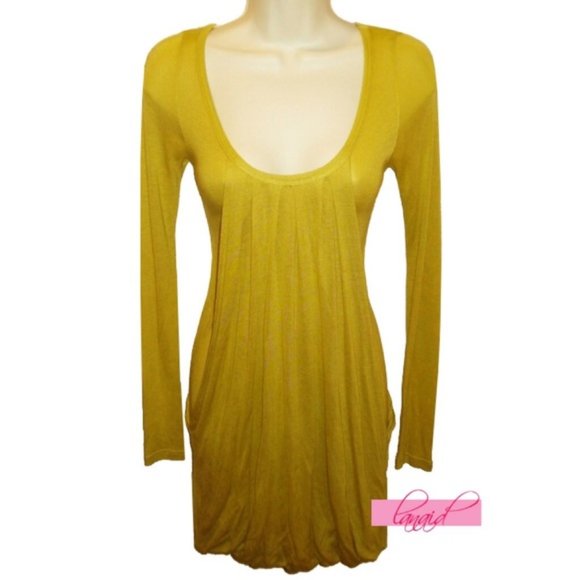 Nordstrom Mustard Blouson Scoop Draped Ruched Wrap Long Sleeve Mini Dress Tunic - Picture 1 of 5